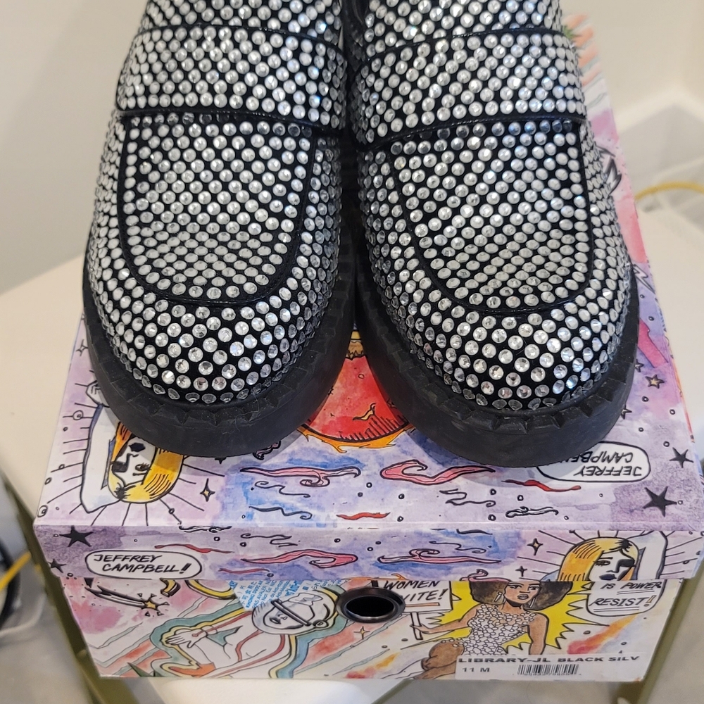 Jeffrey Campbell Library Platform Loafer Silver Rhinestones EUC